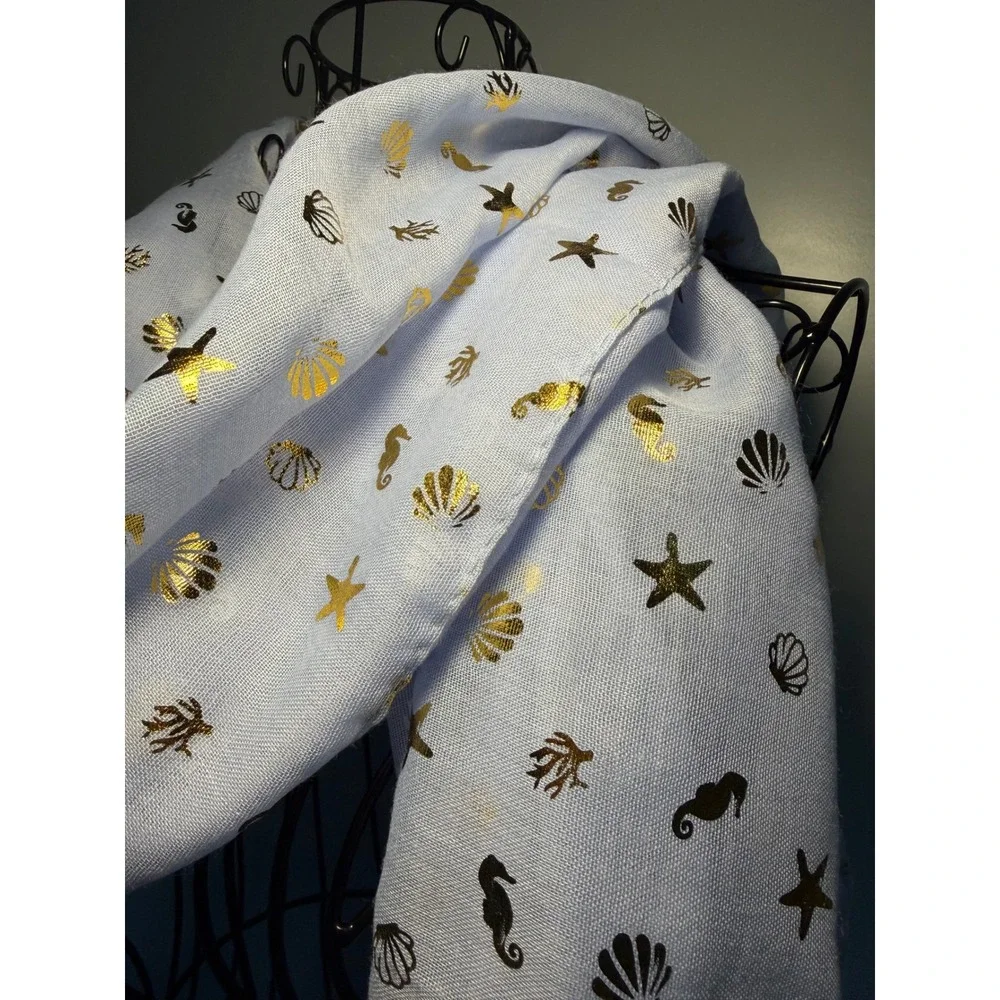 Avenue 9 Light Blue Scarf Gold Foil Nautical Seashell Seahorse Starfish 71x27